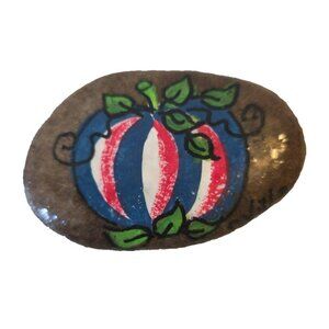 Red White and Blue Striped Patriotic Pumpkin Rock Small 2.5" Hand Painted